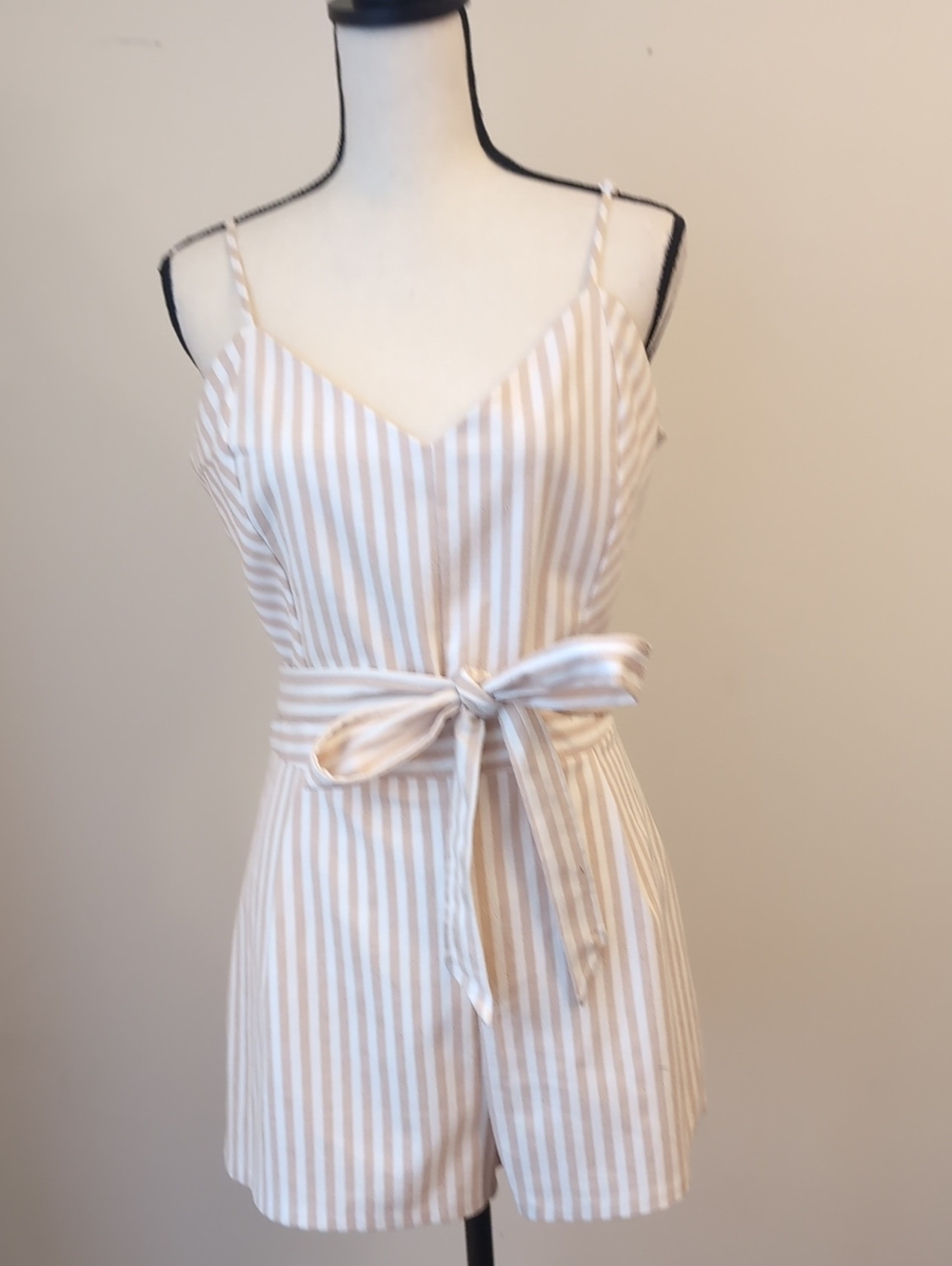 Striped Tie-Waist Romper in White and Beige